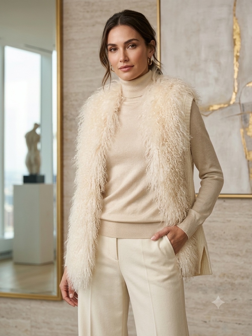 Alberto Makali Cream 100% Lamb Fur Trim Sleeveless Sweater Vest